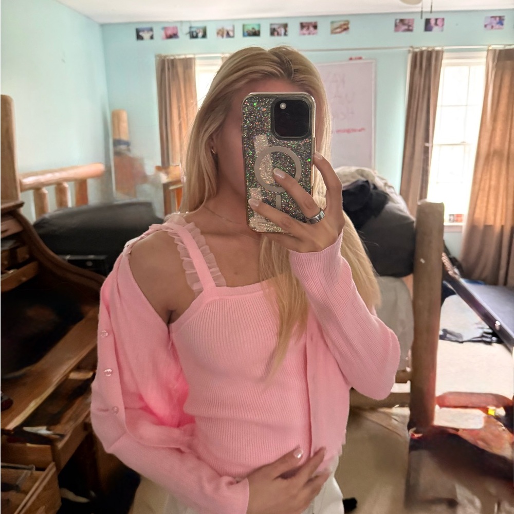 Francesca's Collections Pink Ribbed Tank & Cardigan Set - Picture 4 of 5